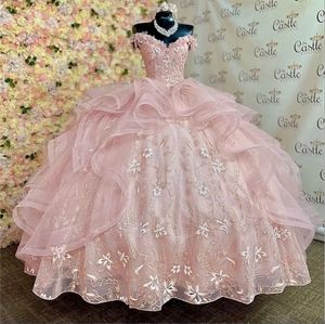 Roze Prinses Quinceanera Jurken Applique Kant Baljurk Verjaardag Jurk Tule Lace-Up Sweet 16 Jurken vestidos de 15