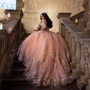 Roze prinses Quinceanera Dresses Ball Jurk 3Dflower kanten Appliques kralen Zoet 16 Dress Vestidos de 15 anos prom