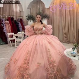 Princesse rose Quinceanera robes Gillter Sparkly 3d Floral Boning Puplum Vestidos de 15 Anos Prom Sweet 16 robe