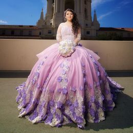 Roze Prinses Quinceanera Jurken O-hals Lange Mouwen Baljurk Applique Kralen 3D Bloemen 15 Jaar Oud Meisje Feestjurken