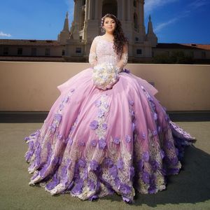 Rose Princesse Quinceanera Robes O-cou À Manches Longues Robe De Bal Applique Perles 3D Fleurs 15 Ans Fille Robes De Soirée