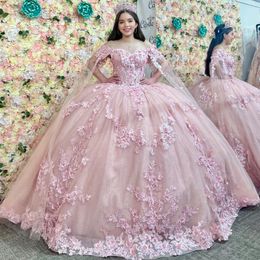 Roze prinses Quinceanera kleedt uit schouder 3D bloemen kralen Tull Ball Jurk Coset Vestido 15 Quinceaneras Dorado Sweet 16