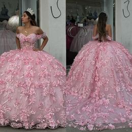 Princesse rose Quinceanera Robes Robe de bal de bal Off épaule Floral 3D Vestido perlé appliquée de Quinceanera