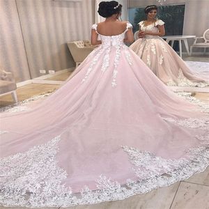 Roze Prinses Pailletten Trouwjurk 2024 Kapmouwtjes Applicaties Kant Koninklijke Trein Kerk Bruidsjurk Sparkly Glanzend Bruidsjurk Voor Vrouwen vestido para noiva casamento