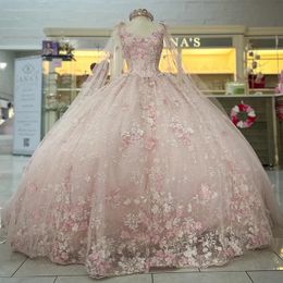 Robe de bal de balle princesse rose quinceanera avec des applications perlées cape 3dflower tull fête vestidos de 15 anos