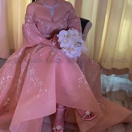 Roze galajurk A-lijn off-shoulder appliqués India Saoedi-Arabische informele gast feestkleding dames avondjurken