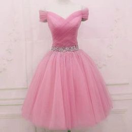Roze Prom Dress Off The Shoulder Short Tule Avond Formal Party Wear 2021 Robe Soirée de Mariage