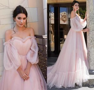 Roze prom -jurken elegant van de schouder tule sweep trein kanten applique 3/4 lange dichter mouwen op maat gemaakte avond feestbaljurken Vestido 403