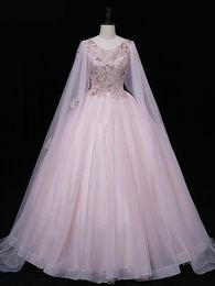Robes de bal roses robes de soirée fée Scoop pure avec appliques perles taille haute couches Tulle robes de Quinceanera