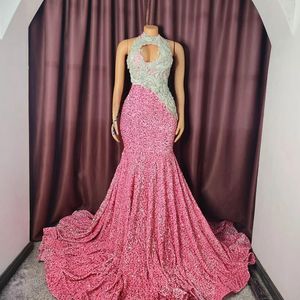 Roze prom -jurken voor speciale gelegenheden bel over Illusion Halter Appliqued Beaded Lades Lace Birthday Party Jurk tweede receptie jurken voor zwarte vrouwen AM877