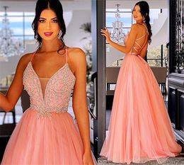 Pink Prom Dresses Spaghetti Straps Beaded Crystals Tulle Sleeveless A Line Sexy Back Custom Made Floor Length Evening Party Gowns Formal Occasion Wear Vestidos