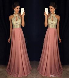 Roze prom avondjurken 2017 Aline Halter Major kralen illusie lijfje Chiffon Celebrity formele jurken jurk voor feestkleding plus3936116