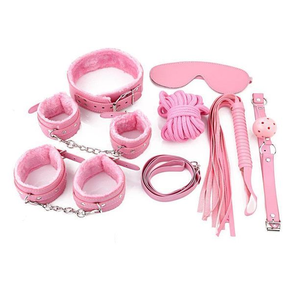 Bondage Pink PU Fur Restraint Set Gag Whip Mano Tobillo Puños Con los ojos vendados Cuello # R97