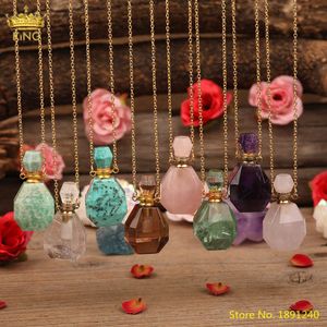 Roze quartz lapis parfum fles hanger sieraden, gefacetteerde natuursteen etherische olie diffuser gouden ketting