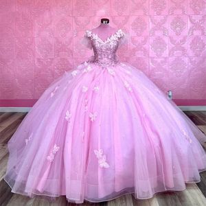 Robe de Quinceanera rose, robe de bal, avec nœud, épaules dénudées, fleurs et papillons, Appliques de perles, Corset, spectacle, fête de 15 ans