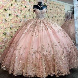 Robe de Quinceanera rose robe de bal douce 15 robe or appliques perles paillettes avec queue détachable robe de princesse de fête de remise des diplômes