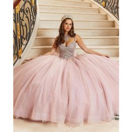 Rosa quinceanera vestido cinta de espaguete miçangas cristal princesa vestidos de baile vestidos de festa de aniversário de 15 anos