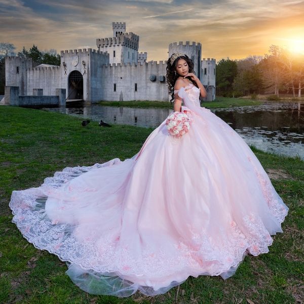 Robes de quinceanera rose 16 ans robe de bal sexy hors de l'épaule applique perles de laces robe fête pour fille vestidos de 15 anos