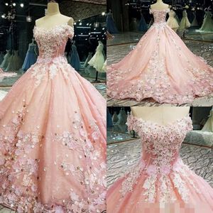 Robes de quinceanera rose 2020 les plus récentes fleurs de fleurs à la main à la main en 3D Floral Prom Ball Forme Roule 287T des manches courtes courtes