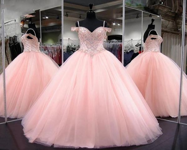 Vestidos de quinceanera rosa 2021 Modest Masquerade Vestido de baile de baile Dulce 16 Girls Birthday Party Lace fuera del hombro Lengt8848911