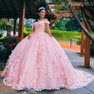 Roze Quinceanera Jurken 2024 Bloemenjurk Tule Kralen Uit De Schouder Feestjurk Applicaties Lace Up Rechter Trein Gala Baljurk