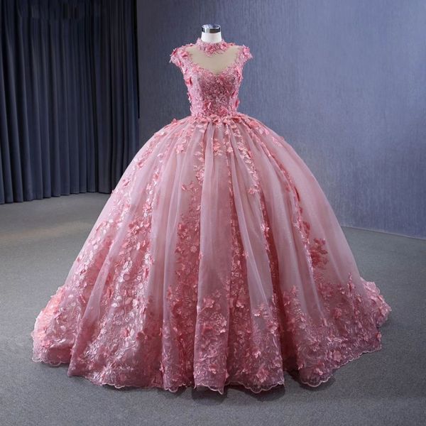 Robes de Quinceanera rose 2024 col haut 3DFlower robe Tulle perles robe de soirée Appliques à lacets Court Train bal de bal