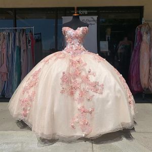 Roze quinceanera -jurken 2023 van de schouderapliques veter corset prinses baljurken 15 16 verjaardagsfeestje prom jurk