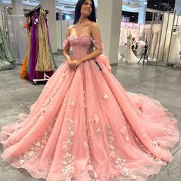 Robes de Quinceanera rose 2024 robe de bal chérie gonflée Tulle doux 16 robes Applique 3DFlower Train élégant robe de bal en dentelle