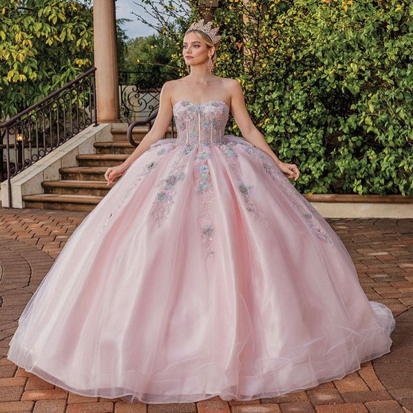 Robes de Quinceanera rose 2024 fleur Tulle perles hors de l'épaule robe de soirée Appliques à lacets Court Train robe de bal de bal