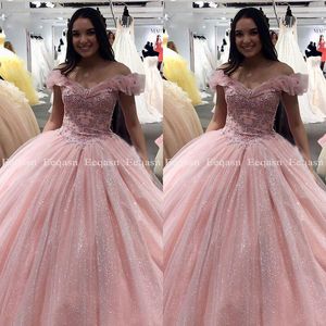 Robe Rose Quinceanera Robe de billes Applique Dentelle Cristal Prom 2020 Débutant Sweet 16 Robe Corset Vestidos de 15 Anos
