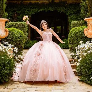 roze Quinceanera Jurken Baljurk Applicaties Kralen 3DFlower Spaghetti Strap Sweet 16 Jurk Party Gown Vestidos De 15 Anos