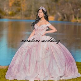 Roze quinceanera jurken bal toga off shoulder 3D roos bloemen vestidos para xv años puffy rok zoete 16 prom dress