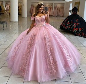 Robes de Quinceanera rose robe de bal hors épaule 3D fleurs roses gonflées robe de bal douce 16