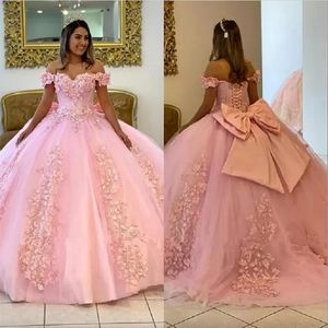 Roze Quinceanera-jurken Kralen met 3D Kant Bloemen Appliqué Tule 2023 Baljurk Bandjes Strik Sweet 16 Verjaardagsfeestje Schoolfeest Formele Gelegenheden Avondkleding Vestidos