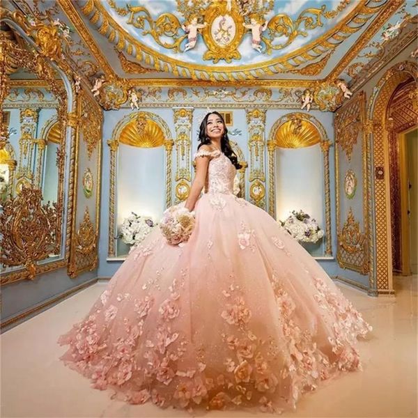 Vestidos de quinceañera rosa Flores Sweetheart Sweet 15 Girls Princess Dress Vestidos De Prom Ball Gowns BC14543253S