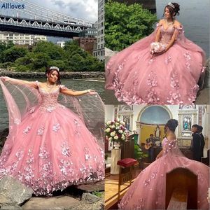 Roze quinceanera -jurken kanten appliques met tule wrap lange prom -jurken