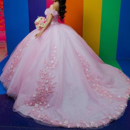 Robes de Quinceanera rose hors de l'épaule chérie Corset Applique dentelle Tulle robe de bal robe de fête d'anniversaire vestidos de 15