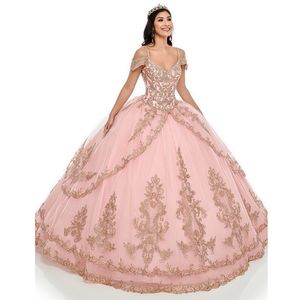 Robes de Quinceanera rose bretelles spaghetti sur l'épaule dentelle dorée jupe à plusieurs niveaux appliquée sur mesure douce 16 robe de bal de bal 326 326