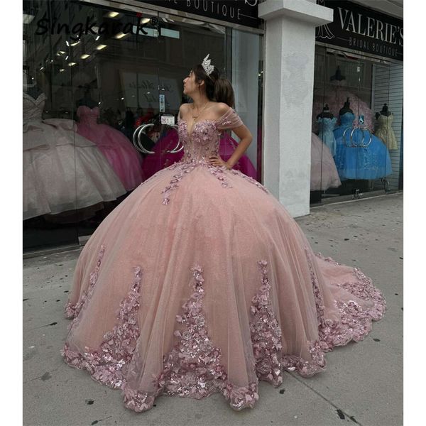 Robes quinceanera rose sweet 16 robes fleurs appliques en cristal perles d'anniversaire robes de fête vestido de 15 robe de bal corset