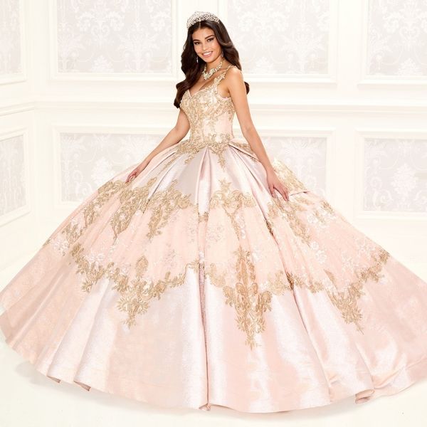 Robes de Quinceanera rose col en V robe de bal à bretelles Spaghetti en satin doux 16 robes or appliques en dentelle nœud train robe de bal élégante