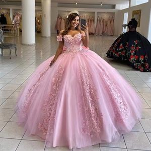 Roze Quinceanera Jurken Met Strik Sweetheart Hals Lace up Sweep Trian Baljurk Prinses Sweet 16 Party vestido