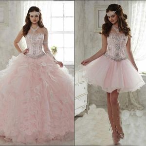 Robes de Quinceanera rose avec jupe détachable 2020 cristal perlé chérie organza ébouriffé doux 15 robes de soirée filles robes de mascarade