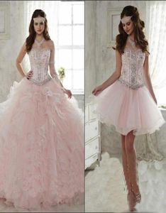 Roze quinceanera -jurken met afneembare rok 2020 kristal kralen sweetheart organza gegolfde zoete 15 feestjurken meisjes masker9300255