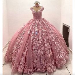 Robes roses de quinceanera rose avec robe de bal d'applique florale 3D Pagnière en perle