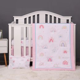 Juego de ropa de cama para cuna de bebé, 4 Uds., arcoíris rosa, para niñas y niños, incluye colcha, sábana para cuna, falda, funda de almohada 240313