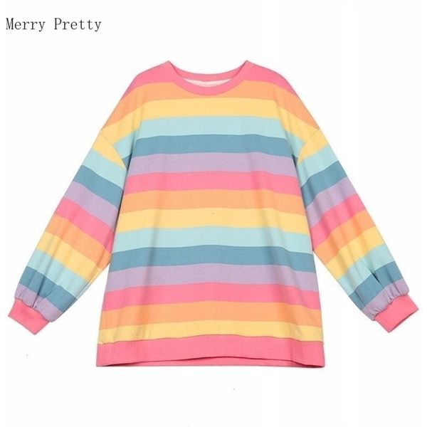 Pink Rainbow Rayado Oversize 2XL Camisetas para mujeres Verano Manga larga O-cuello Camisa Estilo coreano Ladies Fleece Sweetops 210623