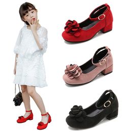 Pink Red Black Big Girls Zapatos de cuero para niños Zapatos de princesa de tacón alto para bodas y zapatos de vestir de fiesta Niñas 3-15T 210306