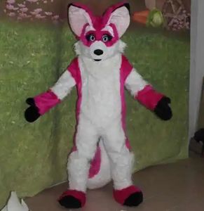 Rose rouge longue fourrure fourrure renard loup Husky chien mascotte Costume Fursuit adulte dessin animé célébration annuelle parc d'attractions