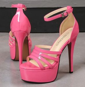 Vestido de modelo rojo rosa 913 Zapatos Sexy Club nocturno Plataforma de gran tamaño Mujeres Tacones de aguja Stiletto Patente Sandalias de correa de tobillo B0113 230807 967