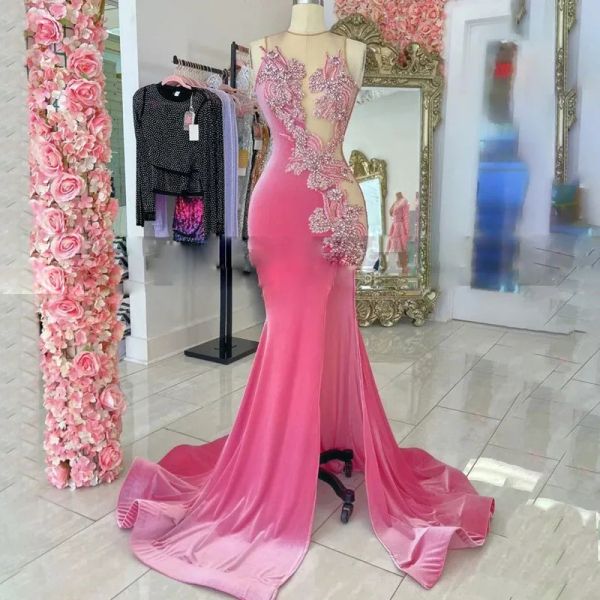 Vestidos De Noche De sirena con diamantes De imitación rosas, vestido De fiesta con abertura lateral, cuello transparente, Apliques De encaje, bata De cola De barrido